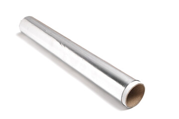 Roll of baking foil on white background.