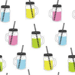 A glass jar with a lid and a tube. Smoothies, juices, drinks. Seamless vector pattern. Sketch, doodle style.