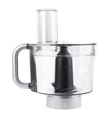 Food Processor Isolated on White Background. Modern Stainless Steel Housing Powerful Food Chopper Machine Front View. Domestic Electric Small Appliances. Kitchen and Tabletop Tools