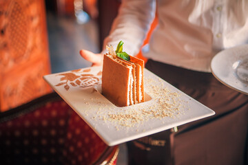 a waiter in a white shirt holds a tiramisu cake. sprinkled with cocoa, on a white plate