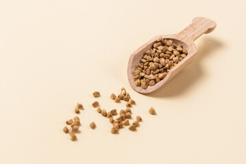 Wooden Scoop with Buckwheat on Yellow Background Horizontal Copy Space Concept for Healthy Eating and Nutrition