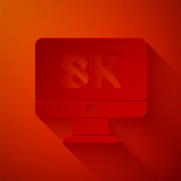 Paper cut Computer PC monitor display with 8k video technology icon isolated on red background. Paper art style. Vector