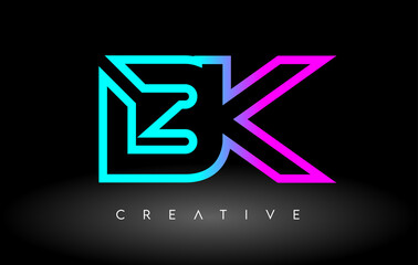 BK Neon Purple Blue Letters Logo Design. BK Outline Letter Icon Vector