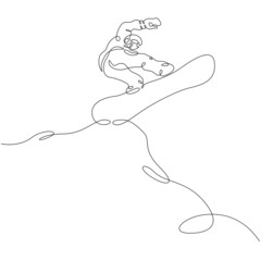 Athlete snowboarder rides on a snowy slope. Snowboarder rides on a board in the snow in winter.One continuous line .One continuous drawing line logo isolated minimal illustration. - obrazy, fototapety, plakaty