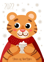 A cute tiger in a red scarf drinks cocoa. Merry Christmas. Symbol of Chinese New Year 2022. For posters, postcards, banners, printing on fabric.