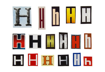 Alphabet letter H cutting from magazine paper. Newspaper clippings with letter H isolated on white background. Anonymous text concept.