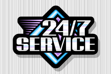 Vector logo 24/7 Service, black isolated signage with illustration colorful rhombs and unique decorative font for number 24/7 and word service, rhombus business concept with shadow on grey background.