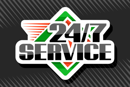 Vector logo 24/7 Service, white isolated signage with illustration colorful rhombs and unique decorative font for number 24/7 and word service, rhombus business concept with shadow on grey background.