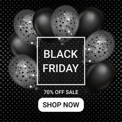Fototapeta na wymiar Black Friday sale background with balloons. Modern design. Universal background for posters, banners, flyers, cards. Sale poster with black balloons for retail, shopping or Black Friday promotion.