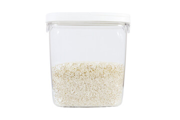 Container with rice on an isolated white background