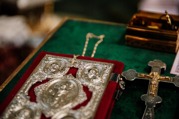 Accessories for infant baptism. Attributes of an Orthodox priest for baptism.