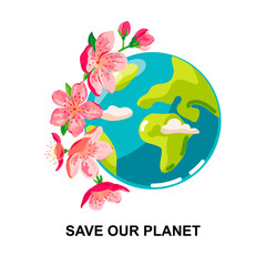 Planet Earth and spring flowers on white background. Ecological concept. Vector illustration.