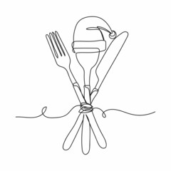 Vector continuous one single line drawing icon of christmas new year table setting in silhouette on a white background. Linear stylized.