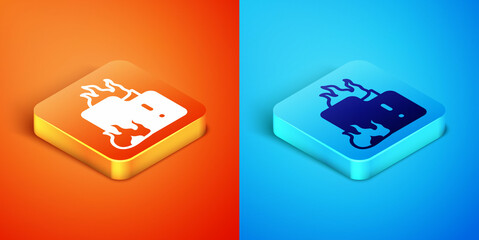 Isometric Fire in burning house icon isolated on orange and blue background. Vector