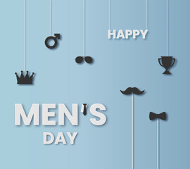 Happy Mens Day vector illustration in paper cut style with icons and blue background. For a poster or banner and greeting card.