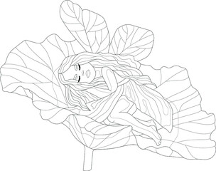 Cute cartoon little elf girl sleeping in leaf sketch template. Fairy creature vector illustration in black and white for games, background, pattern, wallpaper, decor. Coloring paper, page, story book.