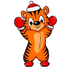 Cute tiger in santa claus hat and mittens on insulated white background. Christmas illustration for designers, book publishers, for printing on t-shirts, fabrics, phone covers, posters, postcards.