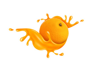 Realistic juice orange splash and fruit isolated on white