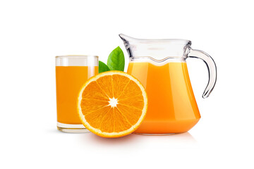 Round Slice and Orange juice with oranges in jug glass isolated on white background
