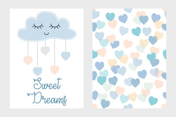 Lovely Baby Shower Vector Card with Blue Fluffy Kawaii Cloud with Hanging Stars and Hearts. Cute Seamless Vector Patterns with White and Light Blush Pink Hearts Isolated on a Pastel Blue Background.