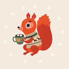 Squirrel with cocoa, winter christmas card
