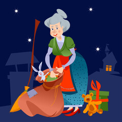 Old woman takes out gifts from a bag. Buena Befana (happy Epiphany). Italian Christmas tradition.