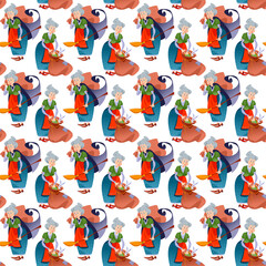 Fototapeta na wymiar Old woman with a bag of gifts. Buena Befana (happy Epiphany). Italian Christmas tradition. Seamless background pattern.