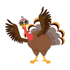 Funny Thanksgiving Turkey bird cartoon character in glasses vector illustration