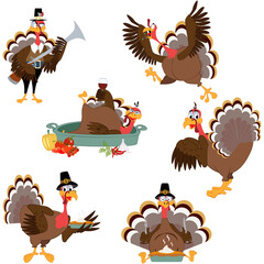 Funny Thanksgiving Turkey bird cartoon character Set vector illustration