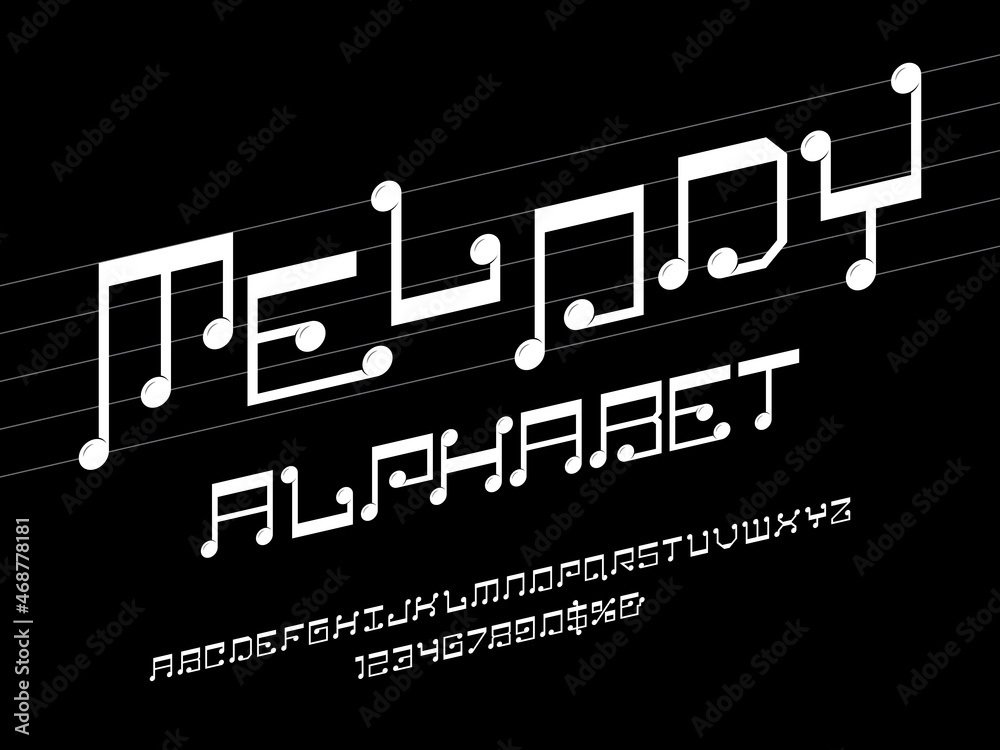 Fototapete vector of music note font and alphabet design with uppercase, numbers and symbols