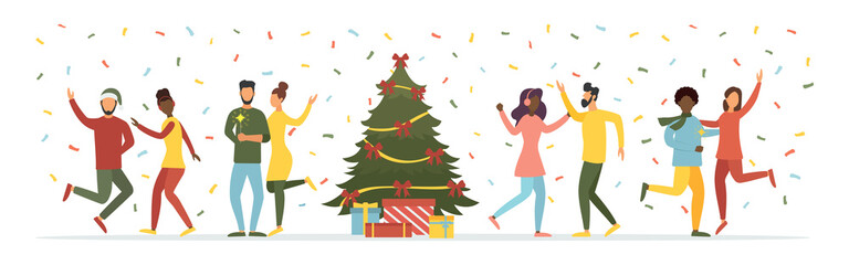 Celebrating Christmas. Christmas tree with decorations and gifts. Friends are having fun. People wish a happy new year. Vector