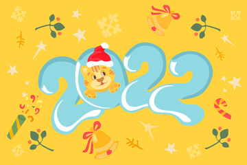 Obraz na płótnie Canvas Christmas tiger in santa hat and dates 2022. Cute drawings of characters on the theme of the New Year on a bright background. High quality photo