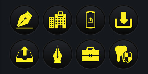 Set Upload inbox, Download, Fountain pen nib, Toolbox, Smartphone with upload and Dental clinic icon. Vector