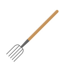 Cartoon pitchfork with wooden handle. Gardening tool for harvesting hay. Isolated vector illustration