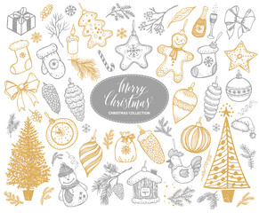 Merry Christmas icons set. Hand Drawn new year collections. Winter design doodle elements in gold and silver color.