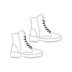 Line art boots. Winter or autumn leather shoes. Doodle style. Isolated vector illustration 