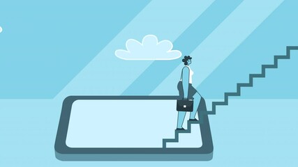 Businesswoman with Briefcase Climbing Stairs from Smartphone. Success and Business Concepts. Flat Design Cartoon Character Isolated Loop 2d Animation - Powered by Adobe