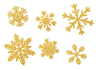 Decorative gold glitter textured snowdrops. Winter, Christmas elements set on white background
