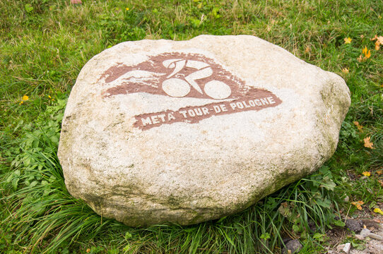 KARPACZ, POLAND - Oct 15, 2013: Stone With Tour De Pologne Logo In The Karkonosze Mountain, Poland