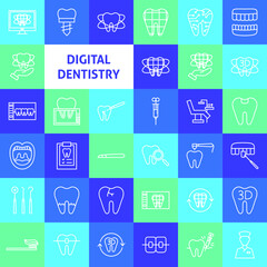 Digital Dentistry Line Icons. Vector Thin Outline Dental Symbols.