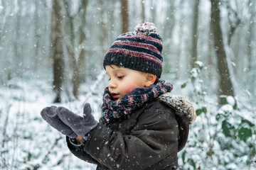 Close up portrait of a little boy playing with snowflakes in a park in winter. Happy child enjoys...