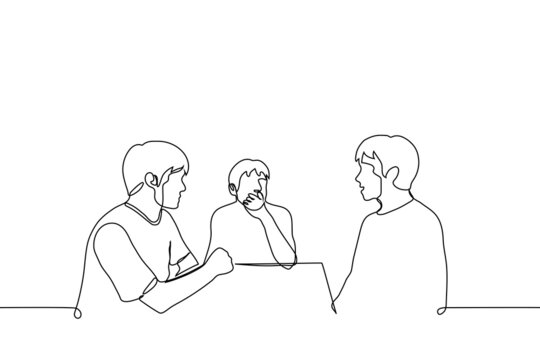 men sit at table and listen and watch one of them - one line drawing vector. concept of male conversation, communication of friends, colleagues in cafe, narrator tells stories