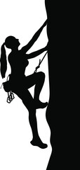Girl climber climbs the cliff black and white silhouette