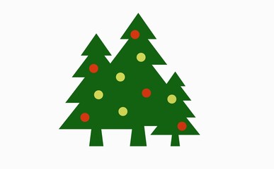 Three green Christmas trees with round toys on white background. New Year and Christmas. 3d image. 3d rendering.