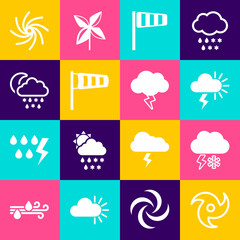 Obraz premium Set Tornado, Cloud with snow and lightning, Storm, Cone windsock wind vane, meteorology, snow, rain, moon, and icon. Vector