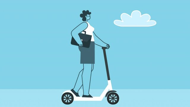 Businesswoman with briefcase rides an electric scooter. Flat Design Woman Cartoon Character Isolated Loop 2d Animation