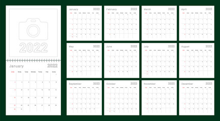 Simple wall calendar 2022 year with dotted lines. The calendar is in English, week start from Sunday.