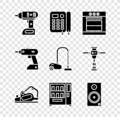 Set Electric cordless screwdriver, Telephone, Oven, planer tool, Vending machine and Stereo speaker icon. Vector - obrazy, fototapety, plakaty