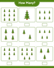 Counting game, how many Christmas Tree. Educational children game, printable worksheet, vector illustration