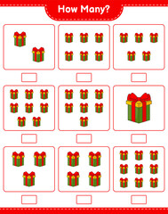 Fototapeta premium Counting game, how many Gift Box. Educational children game, printable worksheet, vector illustration
